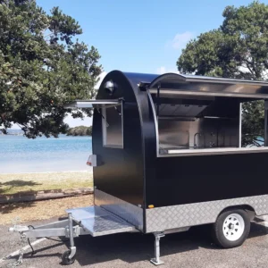 Black Round Food Trailer + Fridge